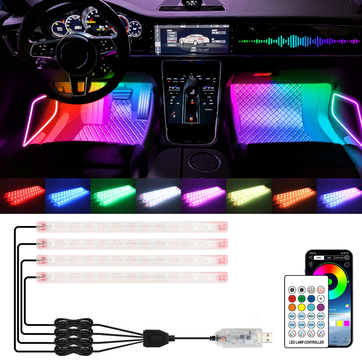 Led Ambient Interior Car Lights App Control - Lâmpada Decorativa RGB de 2/4 em